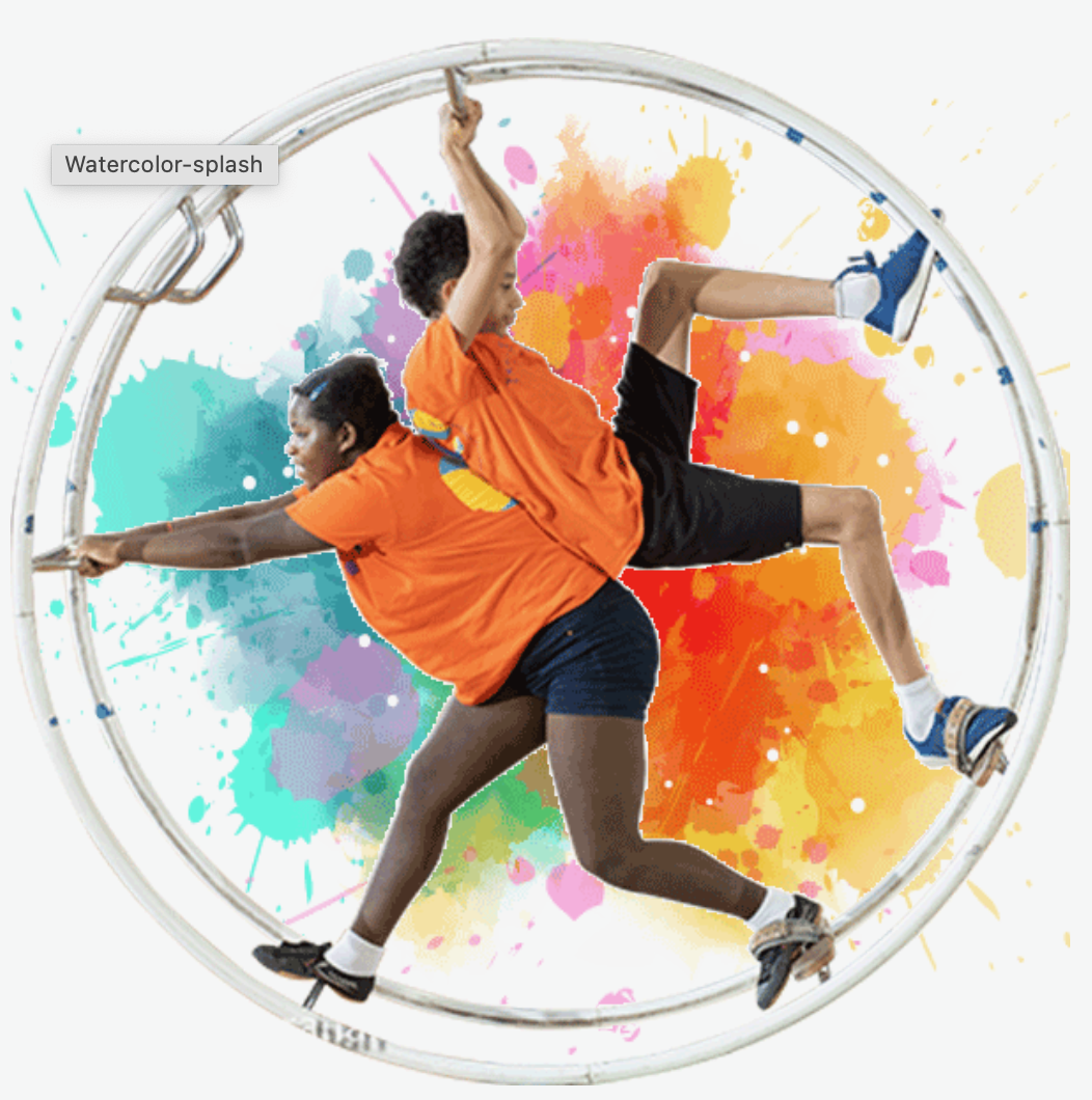 Two students of trenton circus squad in a German wheel on a tiedye background